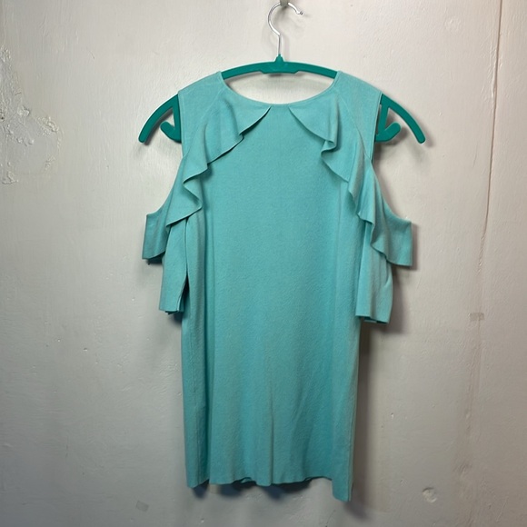 Calvin Klein Flirty Fitted Cold Shoulder Short Sleeve Sweater Aqua -M-#0007 - Picture 2 of 11